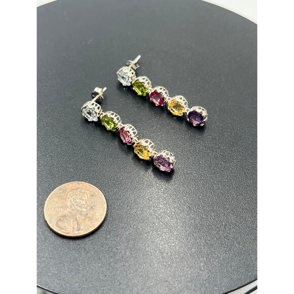 K 925 Sterling Silver Rhodium Semi Precious Multi Gemstone Round Dangle Earrings - Picture 14 of 14